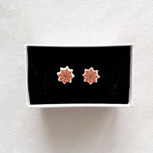 Orange Spider Web Wooden Stud Earrings Halloween